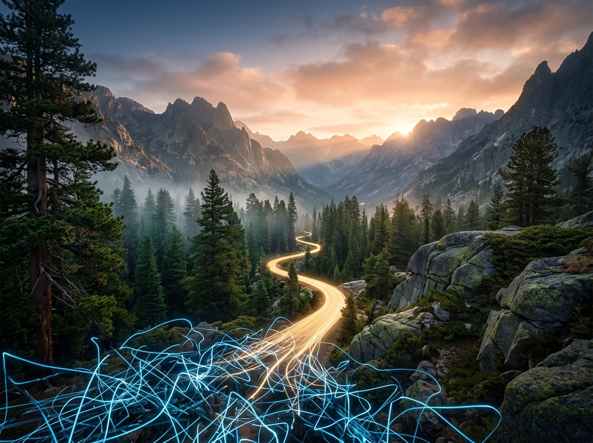 Winding road through mountains representing organic traffic growth using an seo content generator tool.