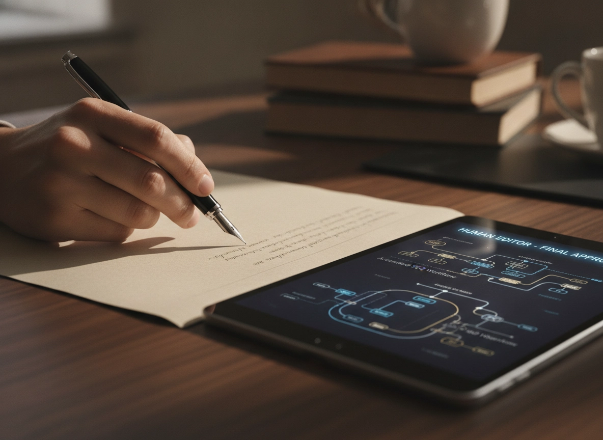 Human editing a workflow on an automated SEO platform tablet screen.