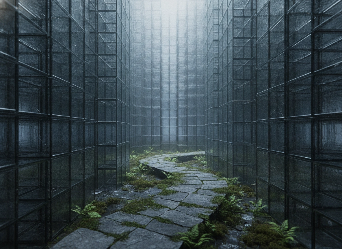 A stone path through a glass maze, representing a complex seo automated software workflow.