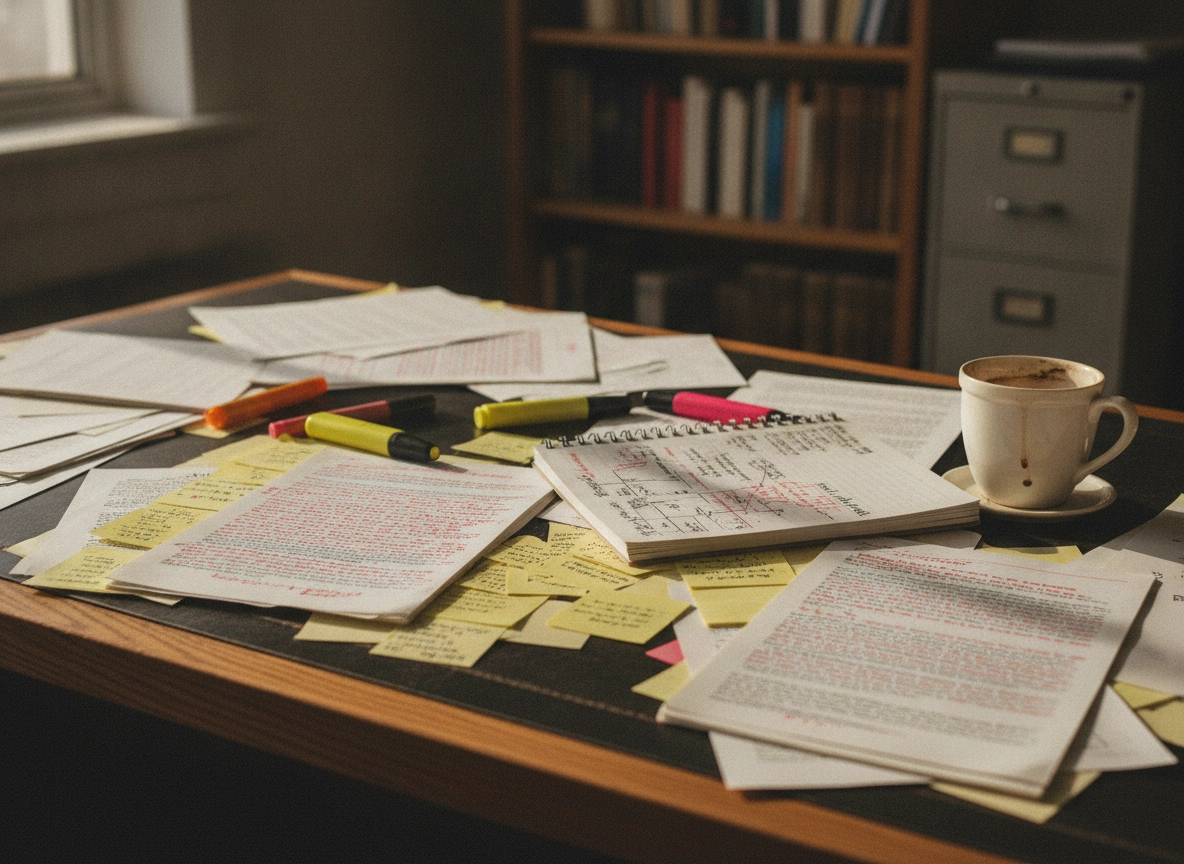 Cluttered desk with papers, showing the need for AI assisted writing to improve editorial productivity.