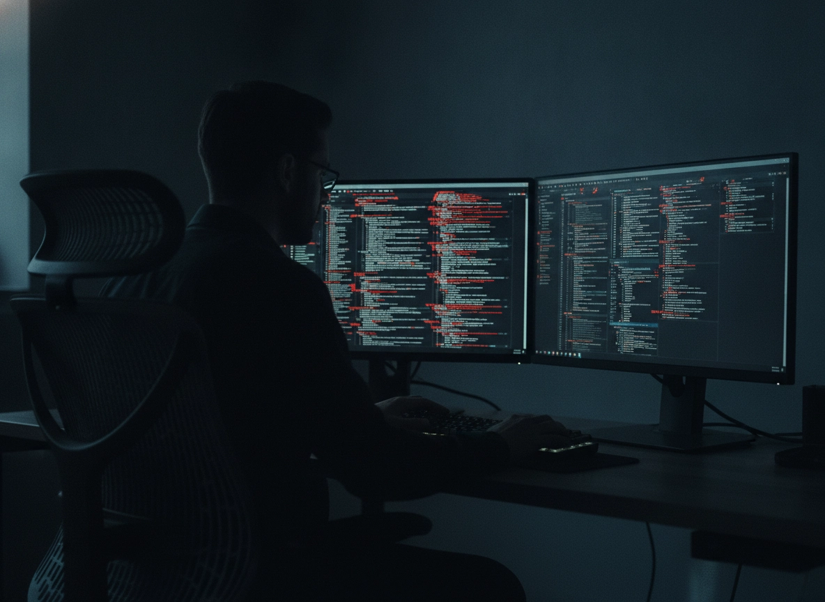 A developer using AI writing software to optimize a content automation workflow in a dark office.