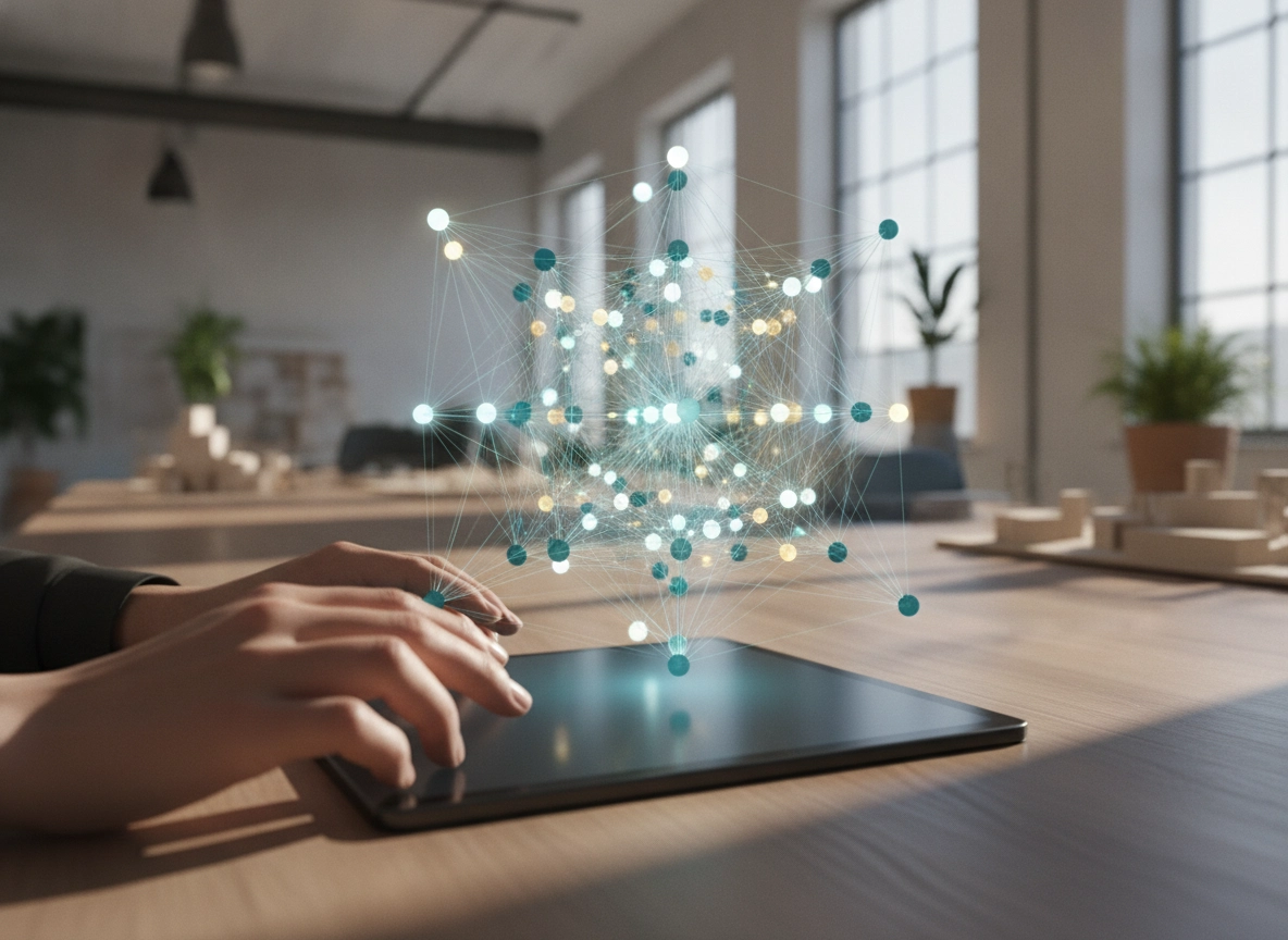 Hands using an AI seo writing assistant to visualize complex keyword clusters.