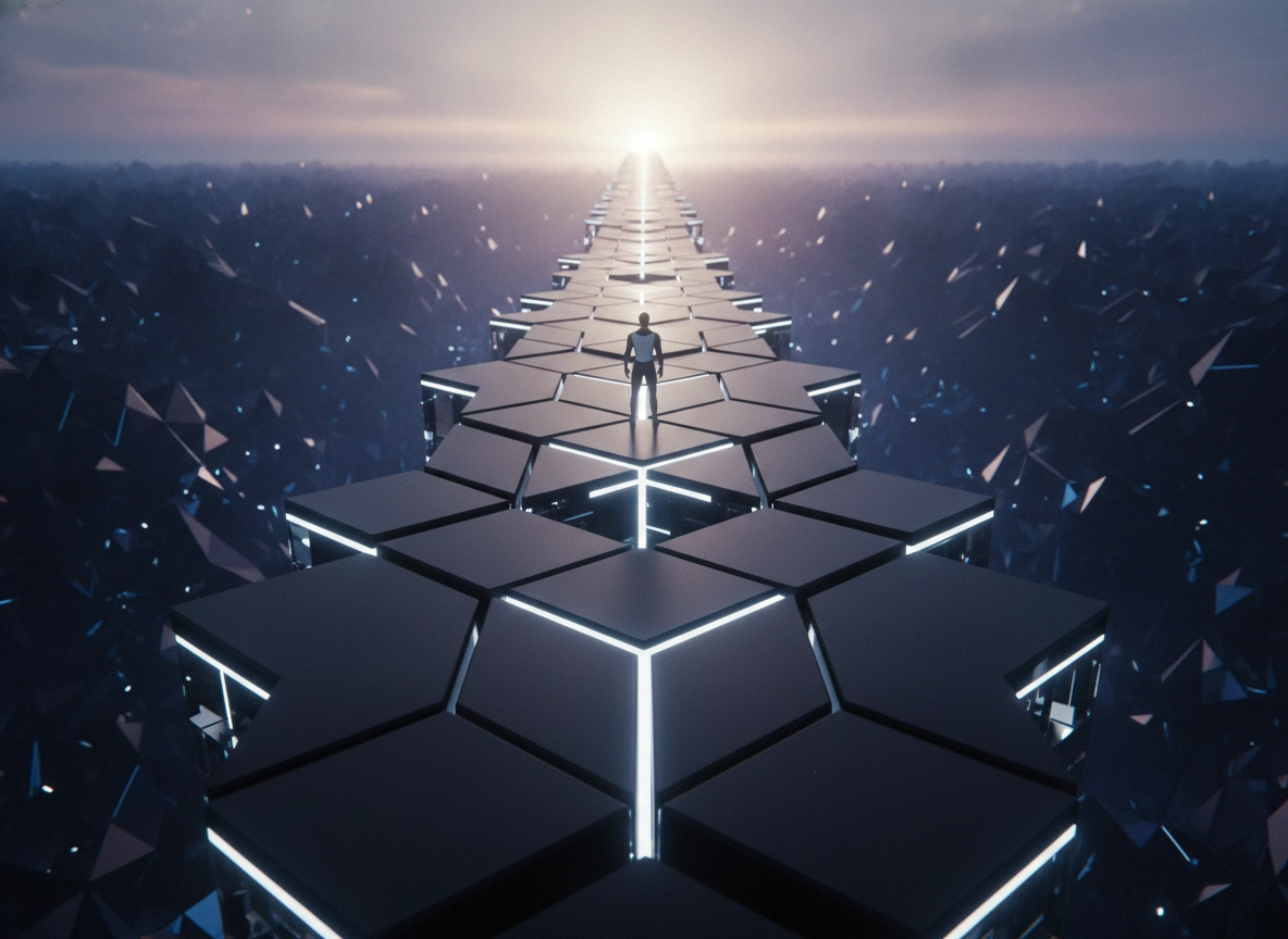 A person standing on a glowing path, representing keyword clusters and semantic search strategy.