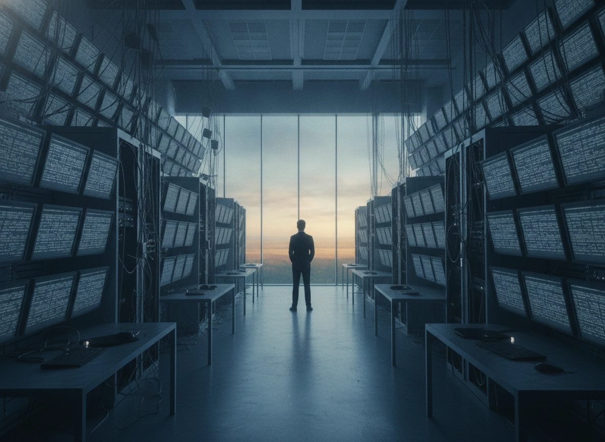 A person standing in a server room, symbolizing automated content strategy and SEO production.