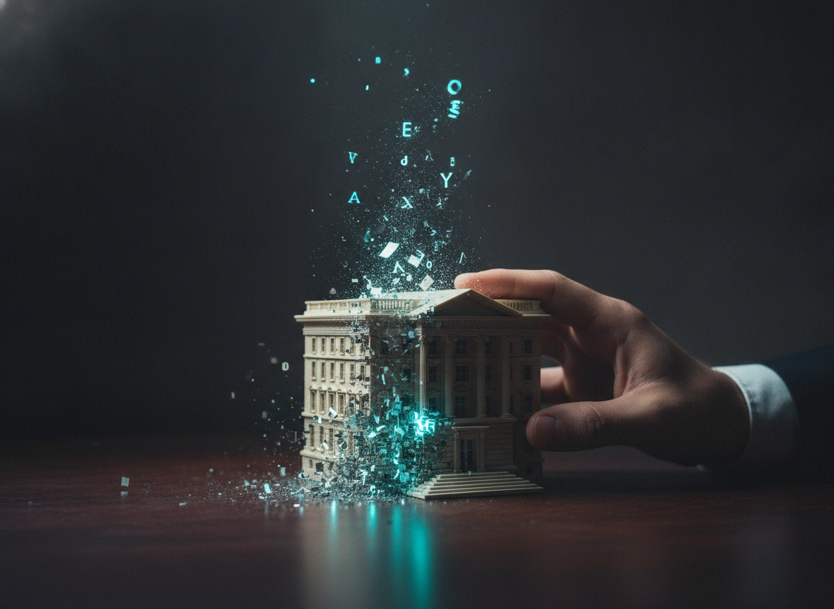 Hand touching a building model with digital letters, representing an SEO friendly content generator.