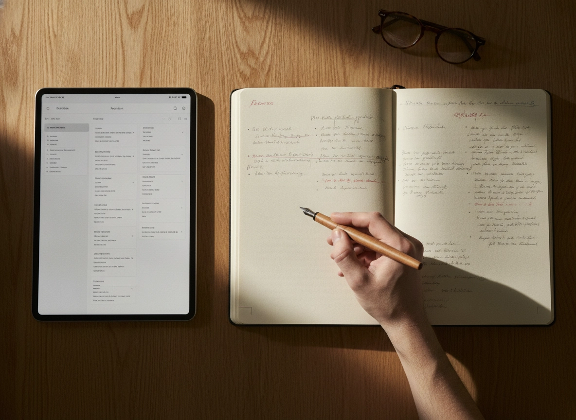 Hand writing in a notebook next to a tablet, showing a hybrid content creation workflow.
