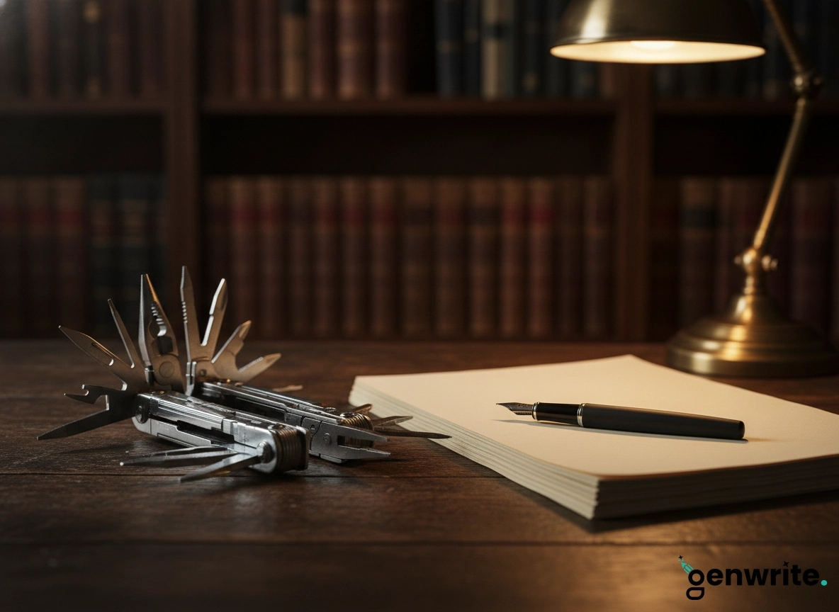 A multi-tool and fountain pen on a desk, representing the best AI writing tools for your workflow.