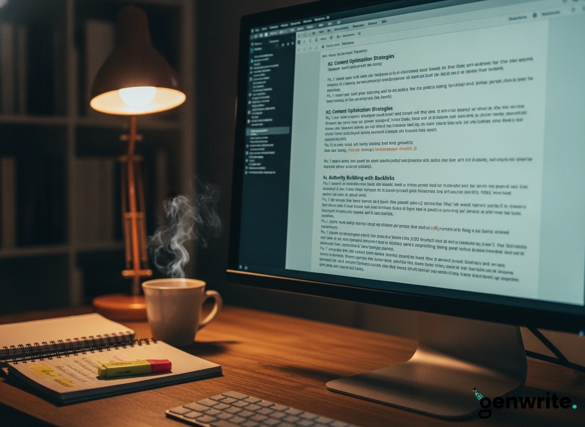 A desk with a computer screen showing an AI content generator review during a Genwrite vs Writesonic test.