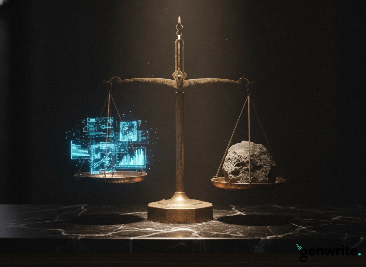 A scale comparing digital data to a rock, representing an AI writing software comparison of top tools.