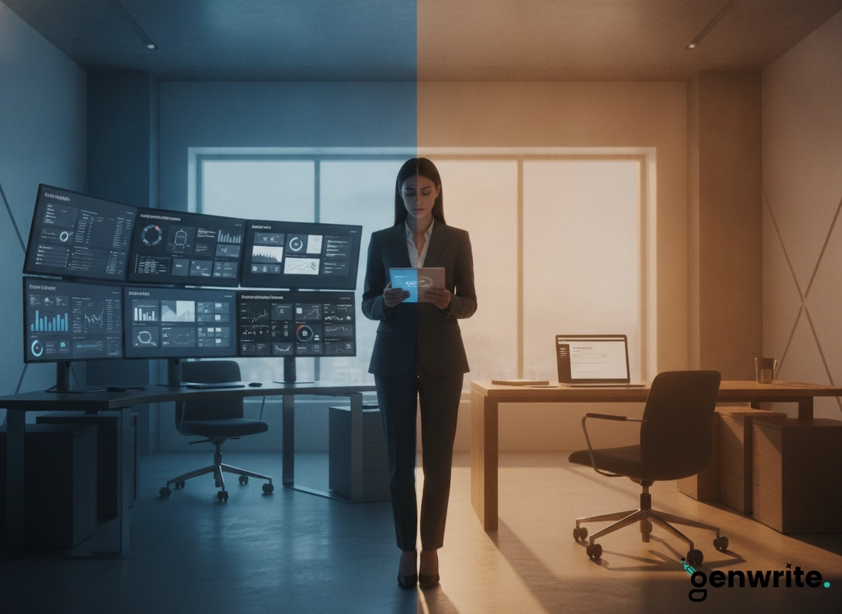 A professional comparing Genwrite vs Writesonic features in a split-tone office workspace.