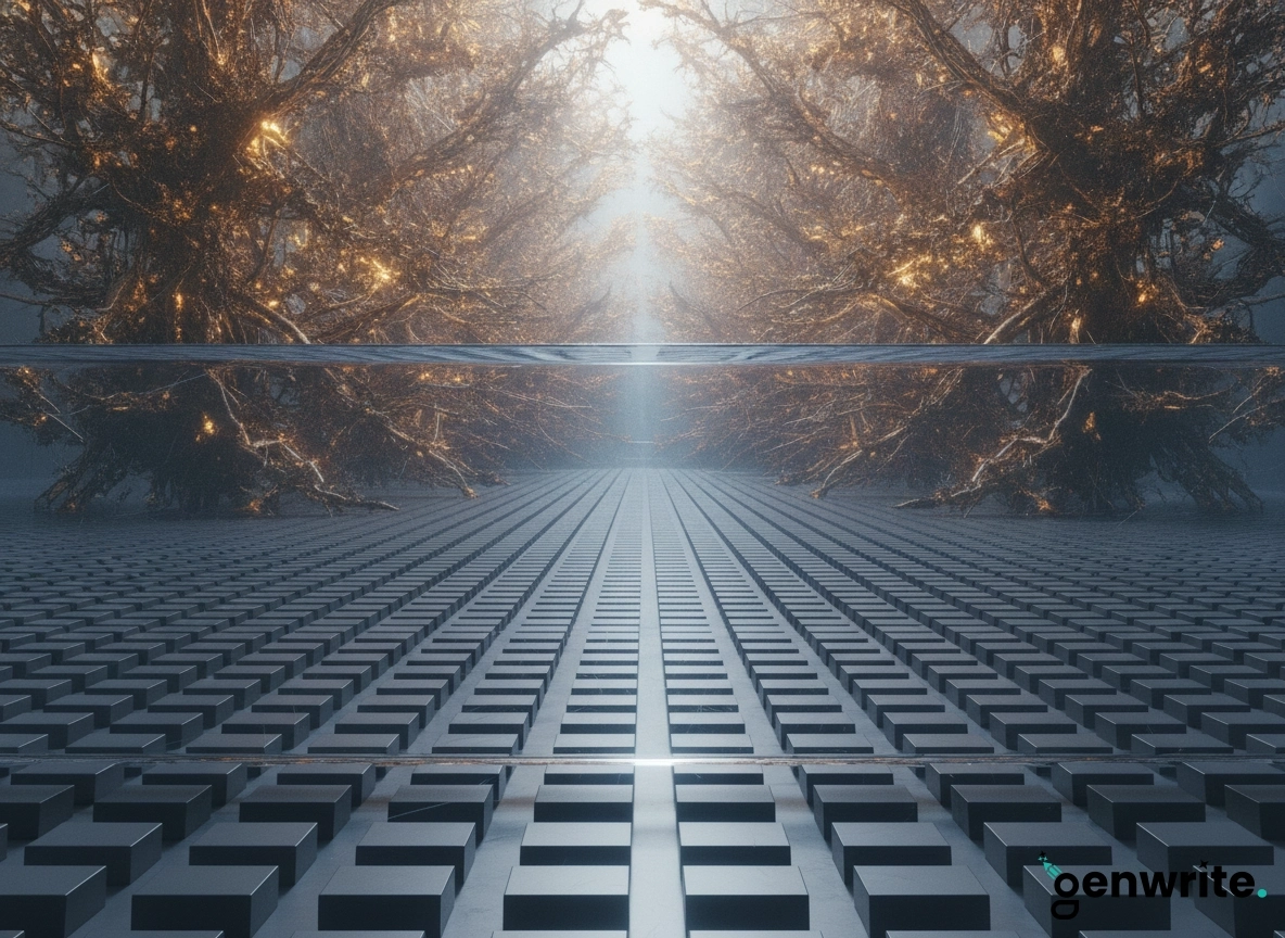 Abstract digital landscape representing advanced GenWrite features for content generation software.