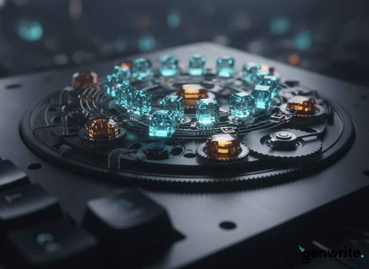 Futuristic mechanical gears and glowing cubes representing advanced GenWrite features.