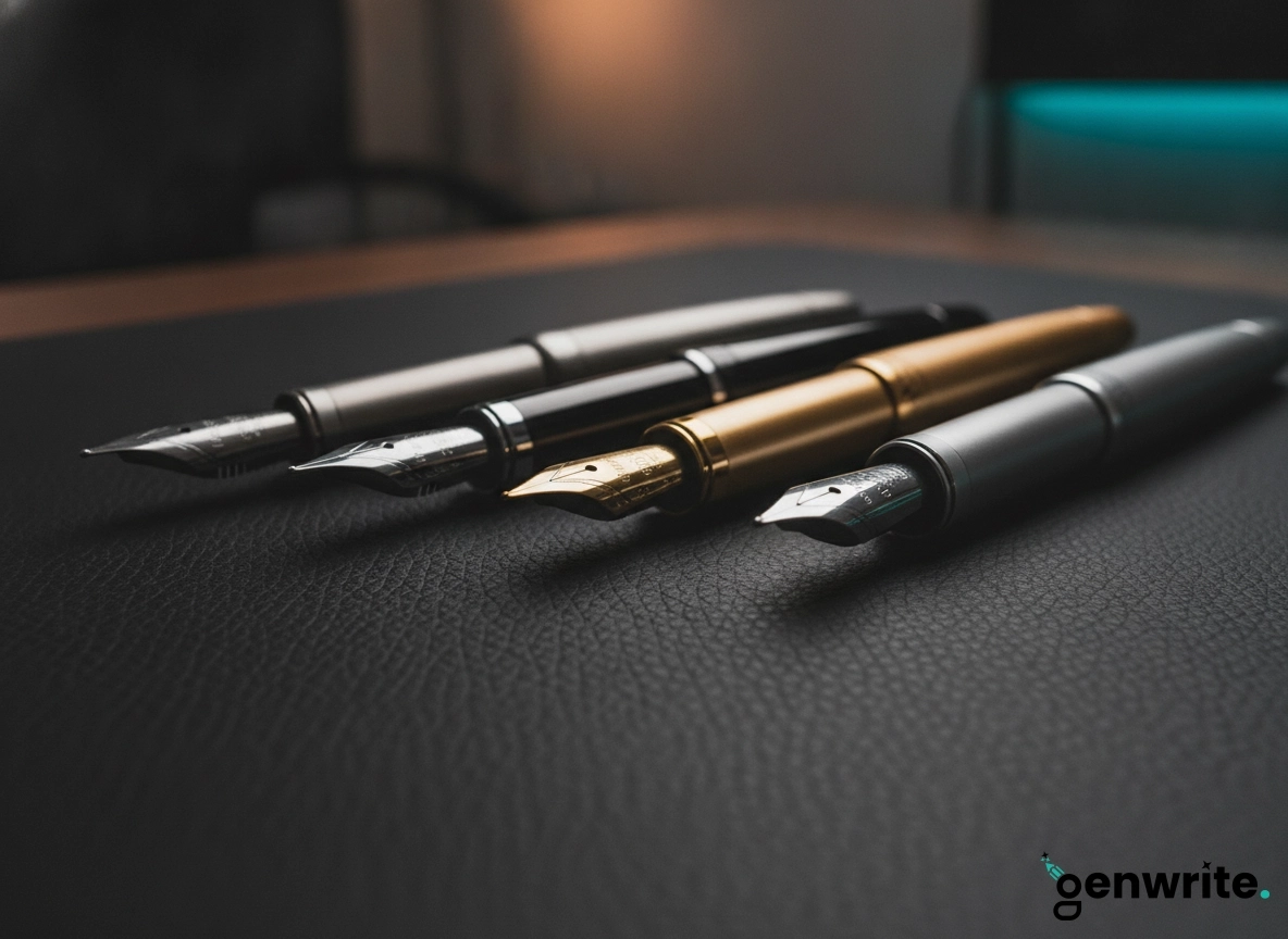 Four fountain pens on a desk, representing the best AI SEO blog writer tools for content creation.