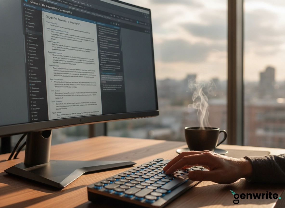 Person using an AI SEO blog writer on a computer for effective on-page SEO optimization.