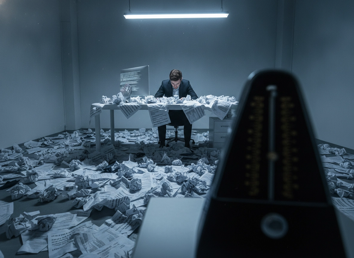 A writer surrounded by paper, using an AI content writing tool to overcome manual content creation struggles.