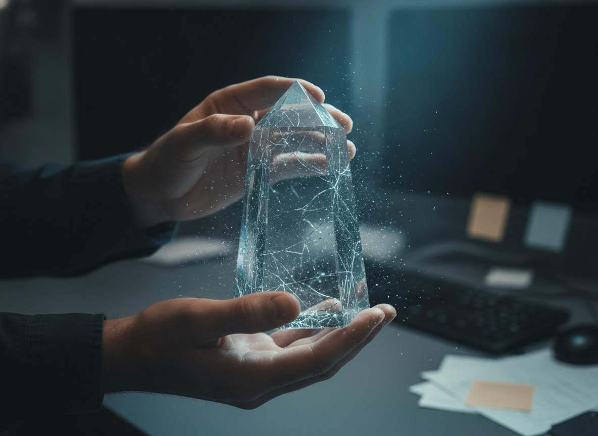Hands holding a glowing crystal, representing advanced AI writing software for content creation.
