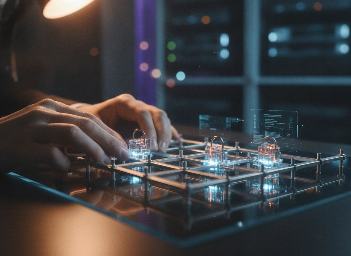 Hands interacting with a digital grid, symbolizing an AI SEO assistant for search intent optimization.