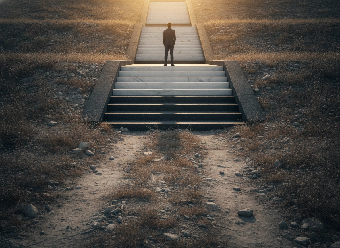 A person standing before stairs, representing the growth achieved with our AI SEO content writing software.