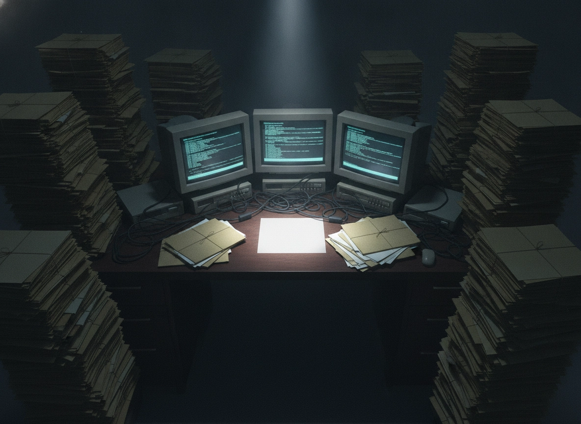 Old computers surrounded by stacks of paper, contrasting with modern automated content creation software.