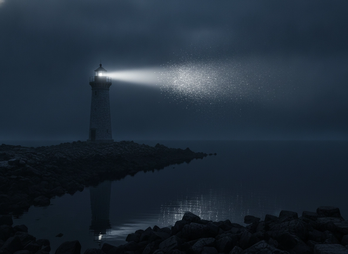 A lighthouse beam guiding niche site automation through the fog of SEO blog writing tools.