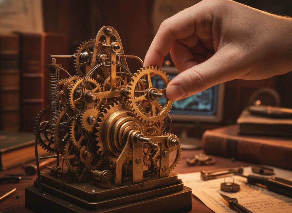 A hand adjusting gears, representing the precision of an AI SEO article writer for scaling content.