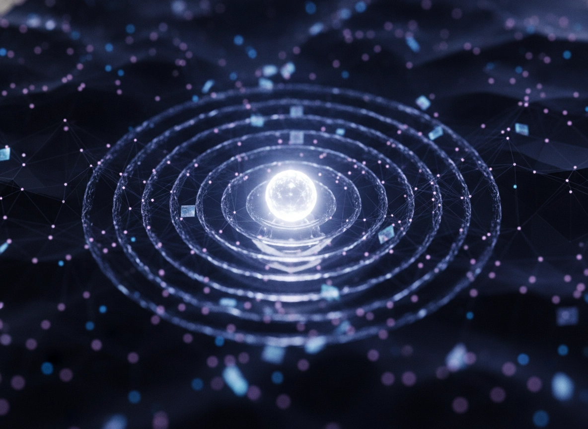 Glowing digital core representing AI SEO content writing and automated content creation software.