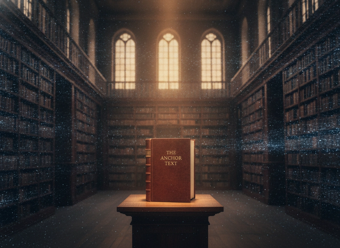 A book titled The Anchor Text in a library, symbolizing an AI SEO article writer for niche site automation.