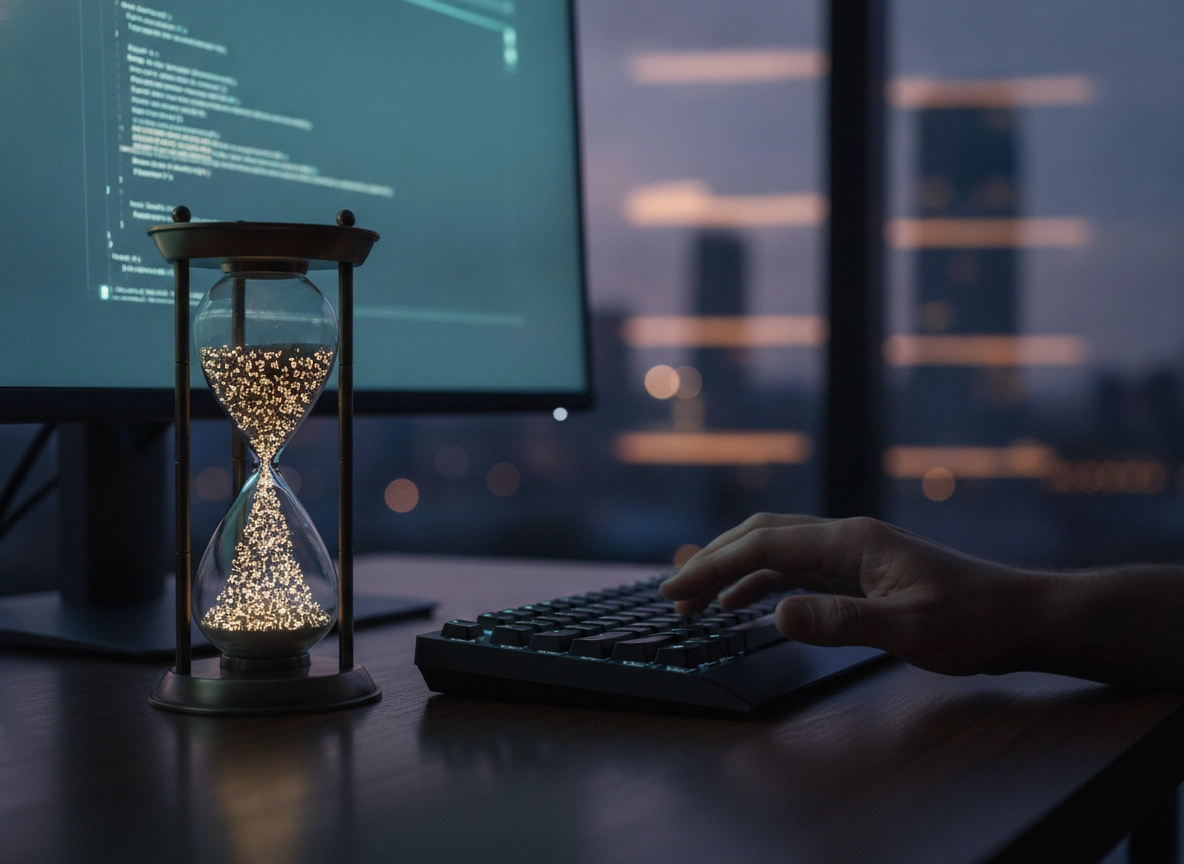 An hourglass on a desk with code on a monitor, illustrating an efficient AI content generation workflow.