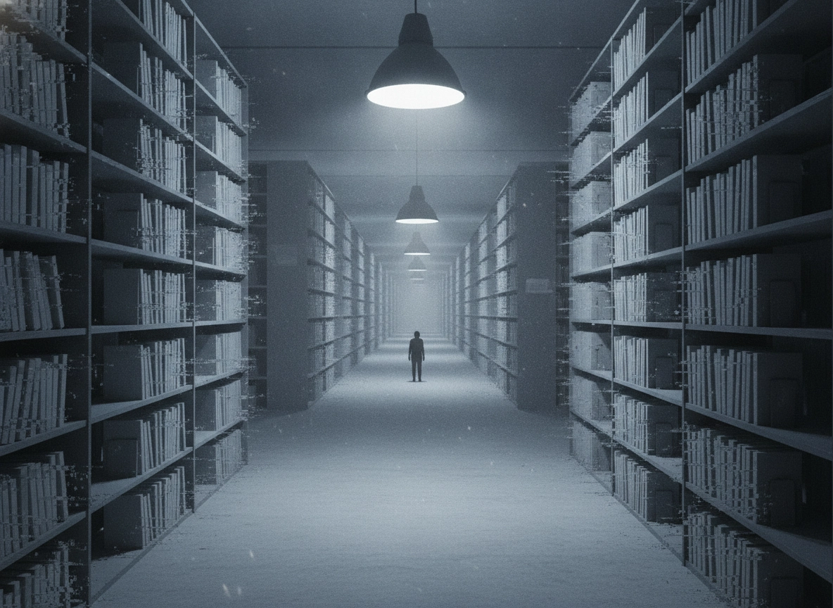 A person standing in a vast library, representing a scalable SEO strategy and content automation.