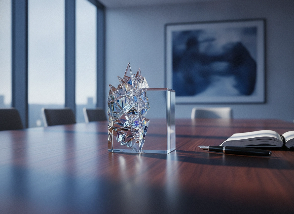 Crystal sculpture on a boardroom table, representing the clarity of an AI SEO content writing strategy.