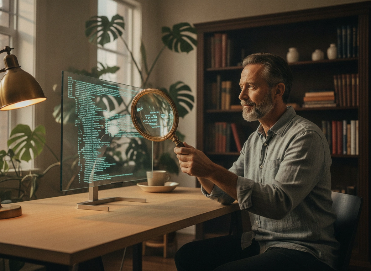 Man using a magnifying glass on code, symbolizing an SEO content generator tool for quality control.