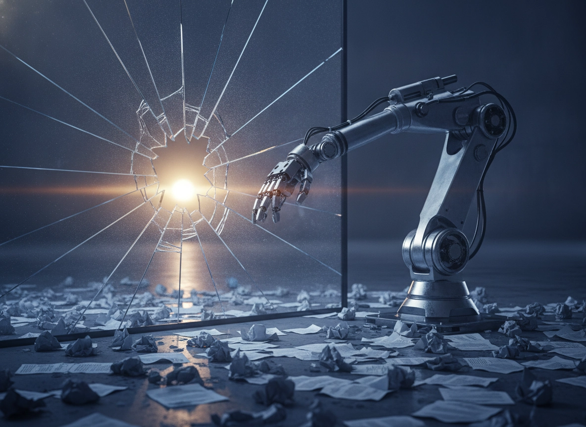 A robotic arm breaking through glass, representing advanced automated copywriting software and SEO.