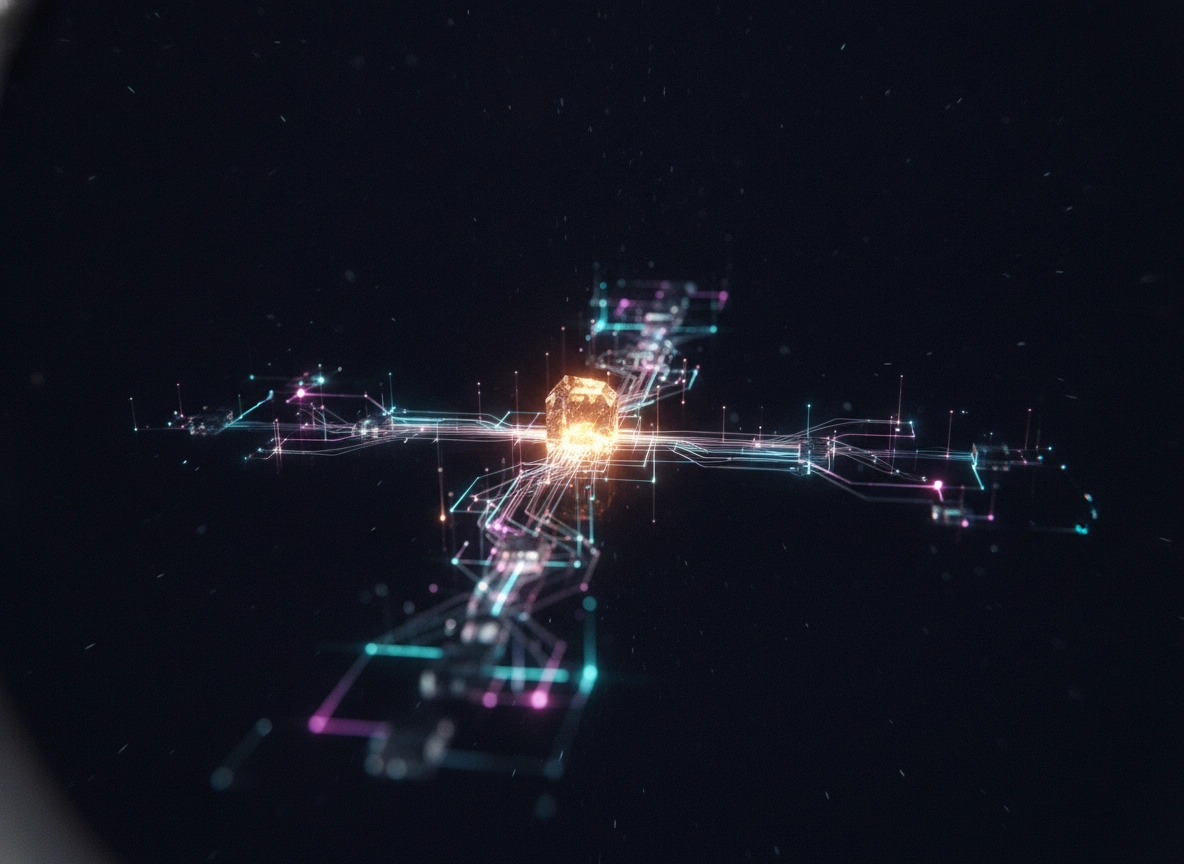 Glowing digital network representing topical clusters for an AI SEO writing assistant.