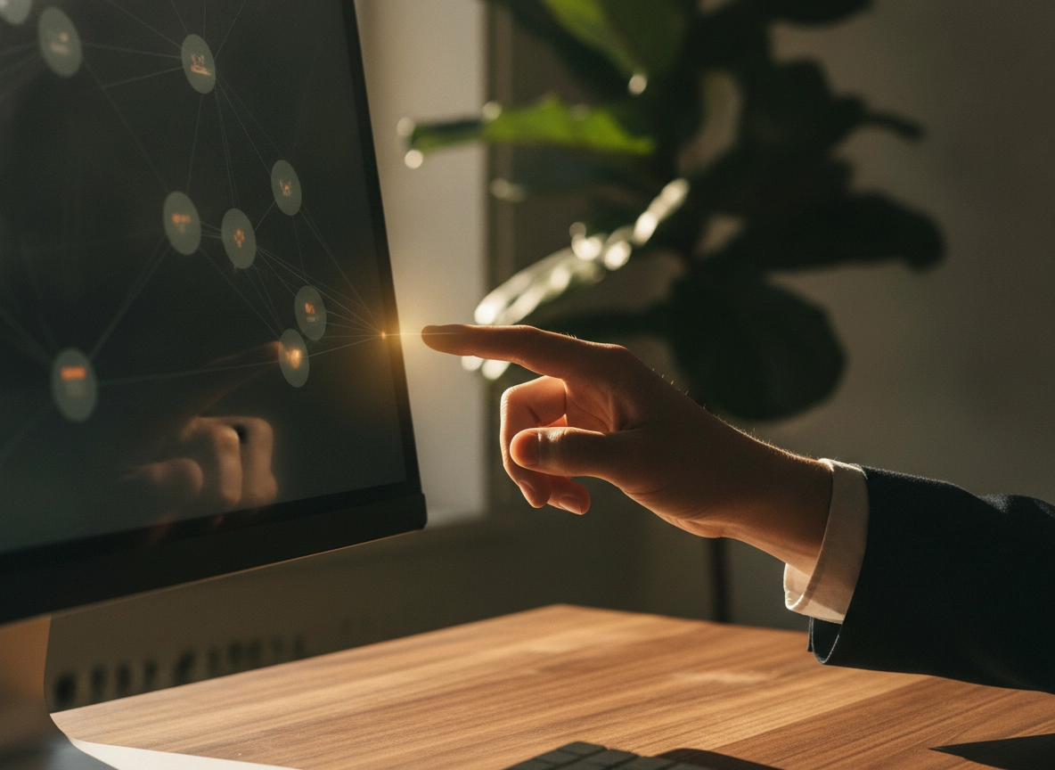 Hand pointing at a screen showing a search intent strategy using AI SEO content writing tools.