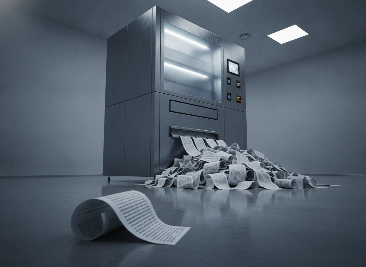 Industrial printer outputting piles of paper, representing an automated ai seo content writer workflow.