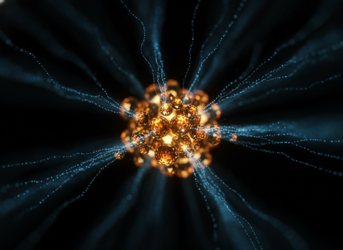 Abstract glowing spheres representing data flow for an ai seo content writer.