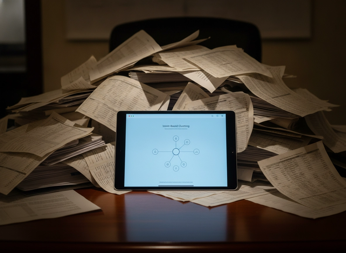 A tablet displaying intent-based clustering, replacing piles of paper with automated seo tools.
