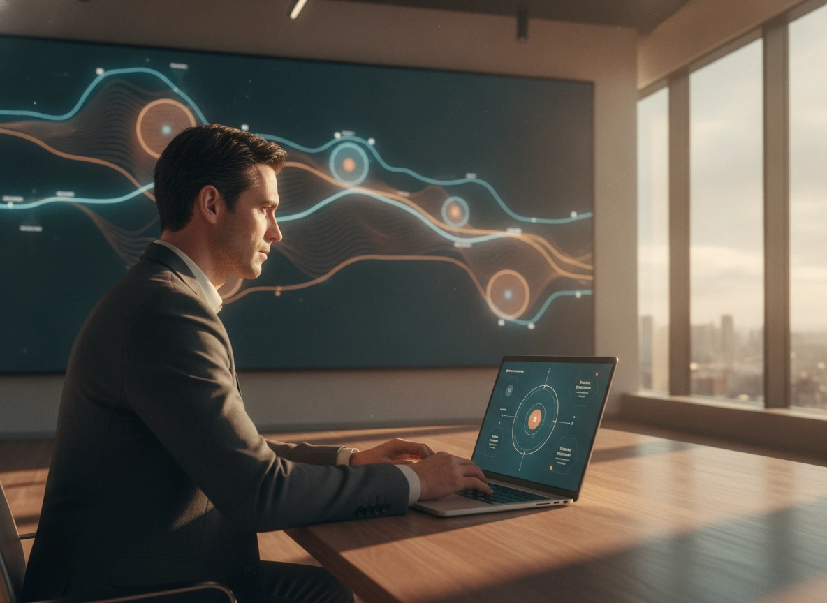 Professional using an automated seo platform to analyze data trends on a laptop in a modern office.