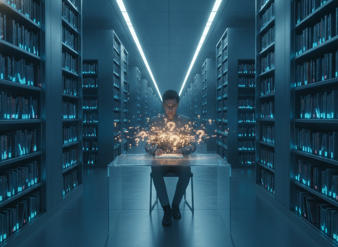 A man using an ai blog post generator in a library, surrounded by glowing question mark icons.
