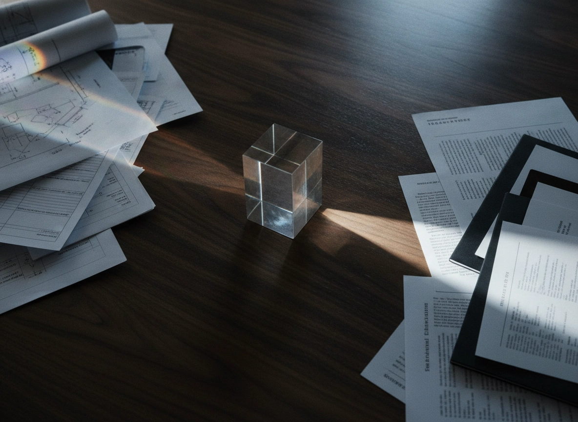 A glass cube on a desk with documents, representing challenges with an ai article generator.