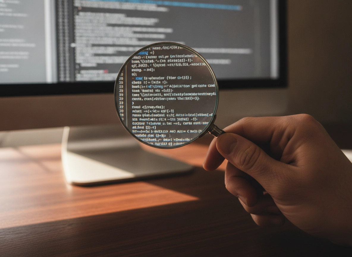 Hand holding magnifying glass over code, checking an ai blog post generator for technical accuracy.