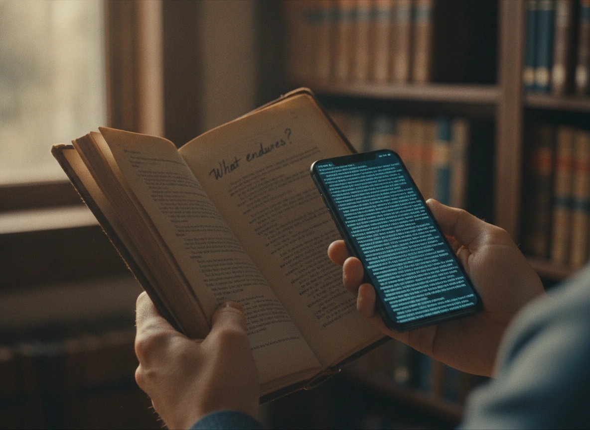 Hands holding a book and a phone with AI text, questioning reader retention.