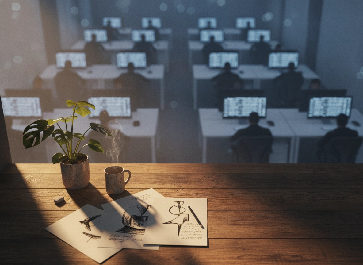 A desk with sketches and coffee overlooking an office using an ai blog article writer for content.