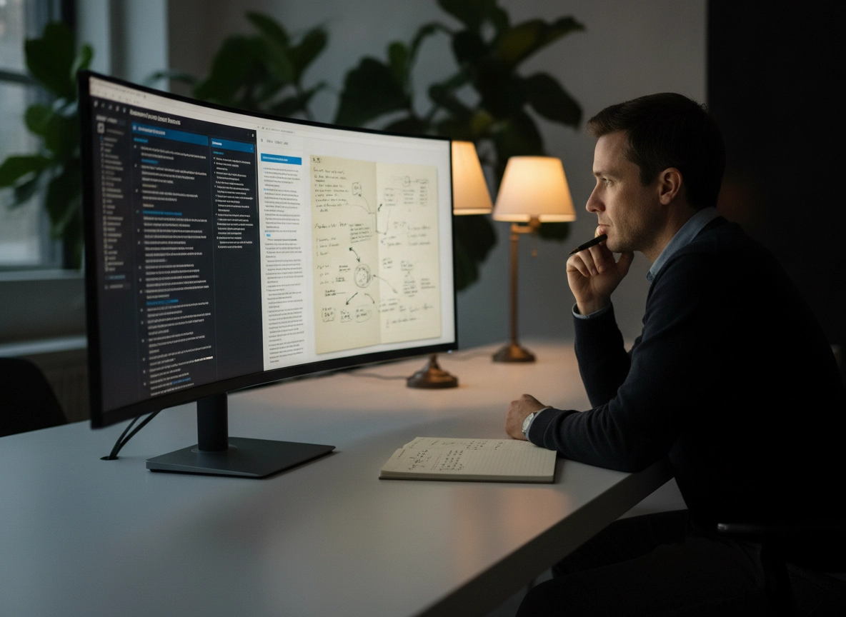 A man using ai for writing blog posts on a wide monitor to improve reader retention.