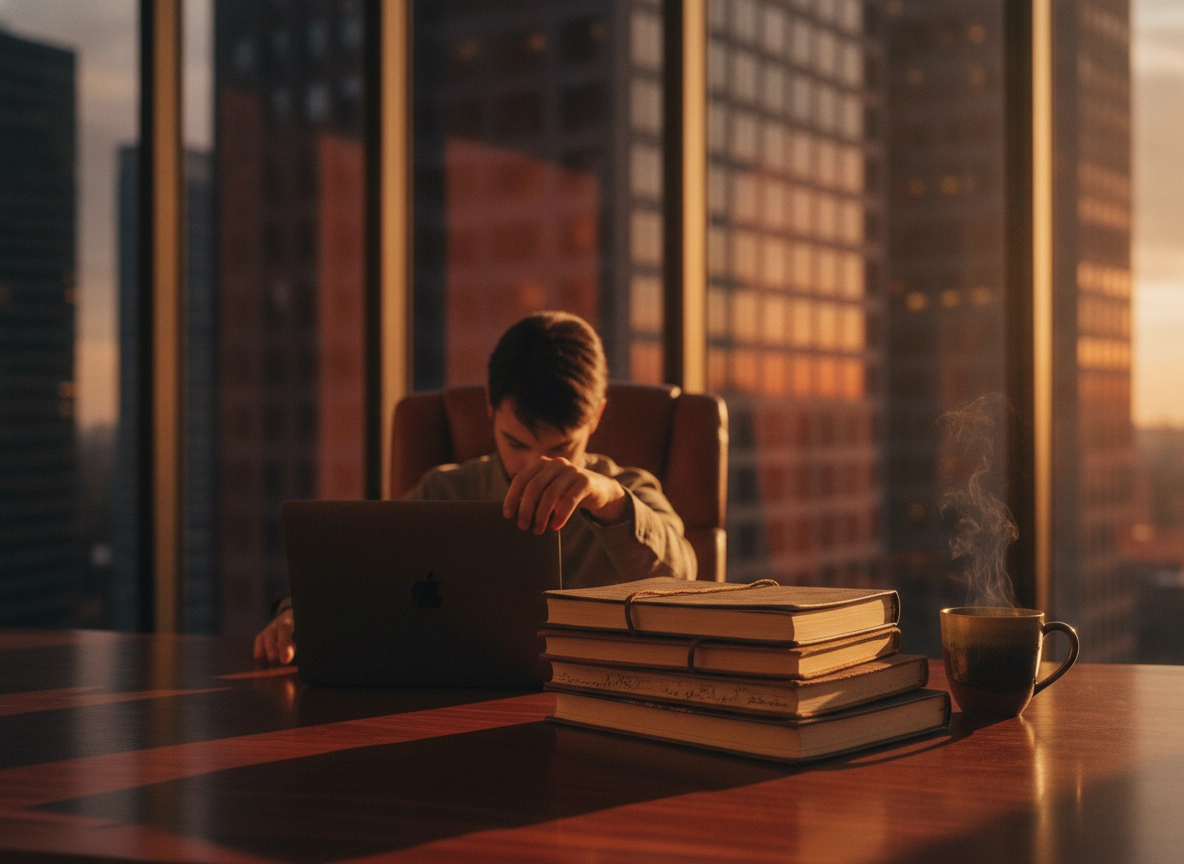 Man using an AI blog content generator to improve reader retention at sunset.