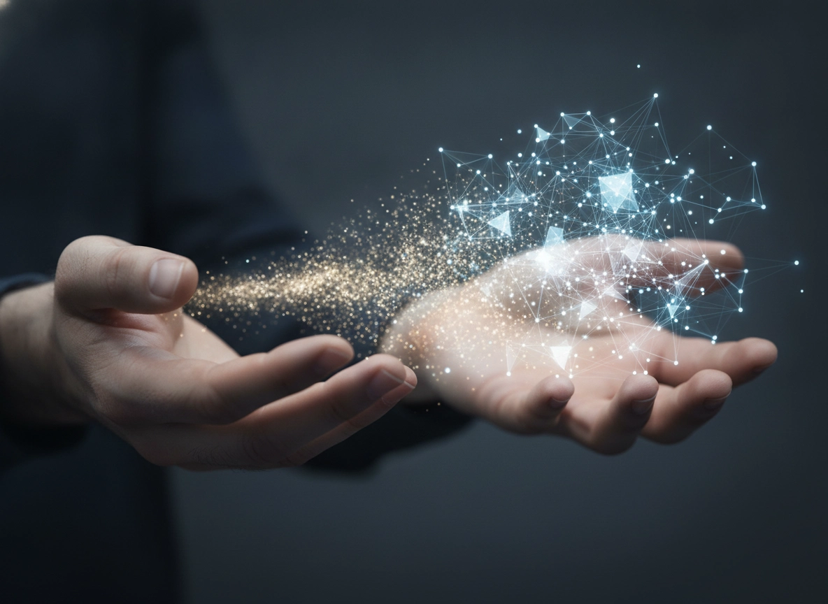 Hands holding a digital network, representing an AI content SaaS for agencies.