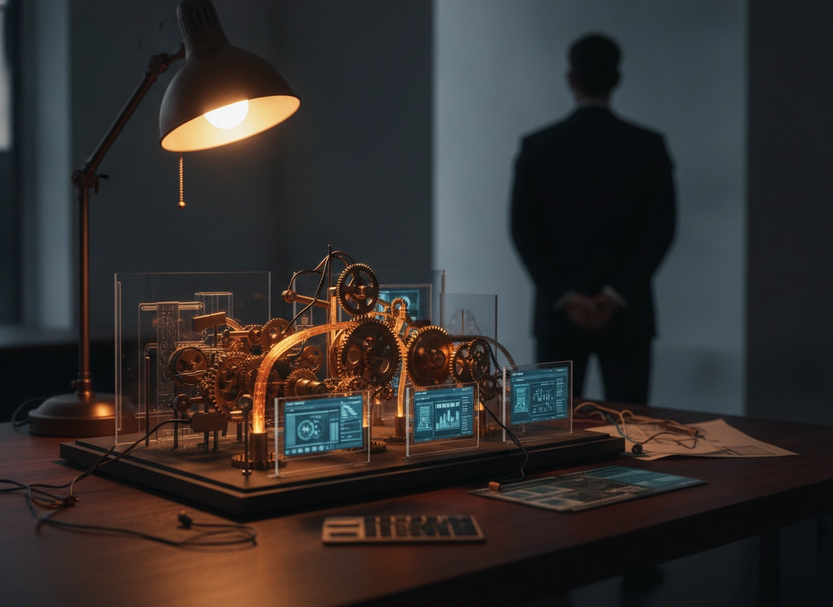 A complex machine on a desk, illustrating automated content strategy and SEO tools.