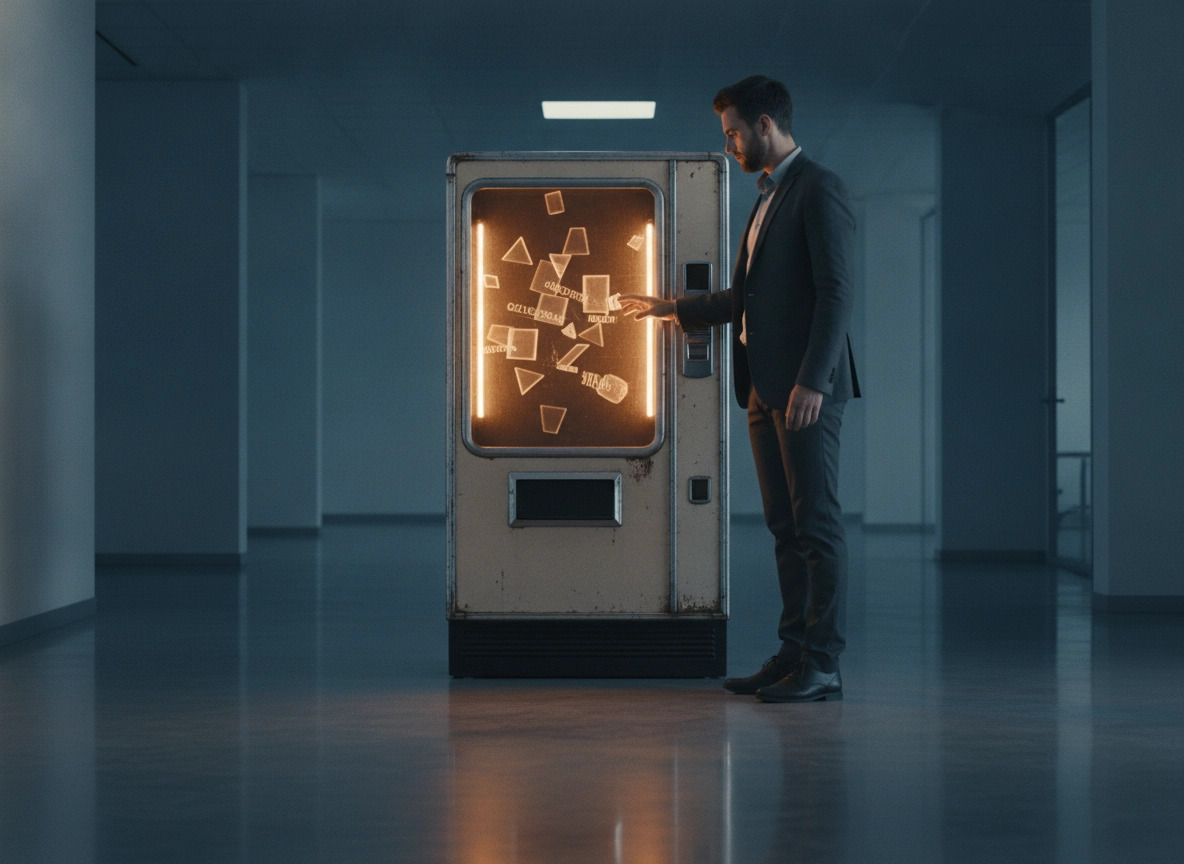 Man selecting content from a glowing vending machine, representing an automated blog drafting tool.