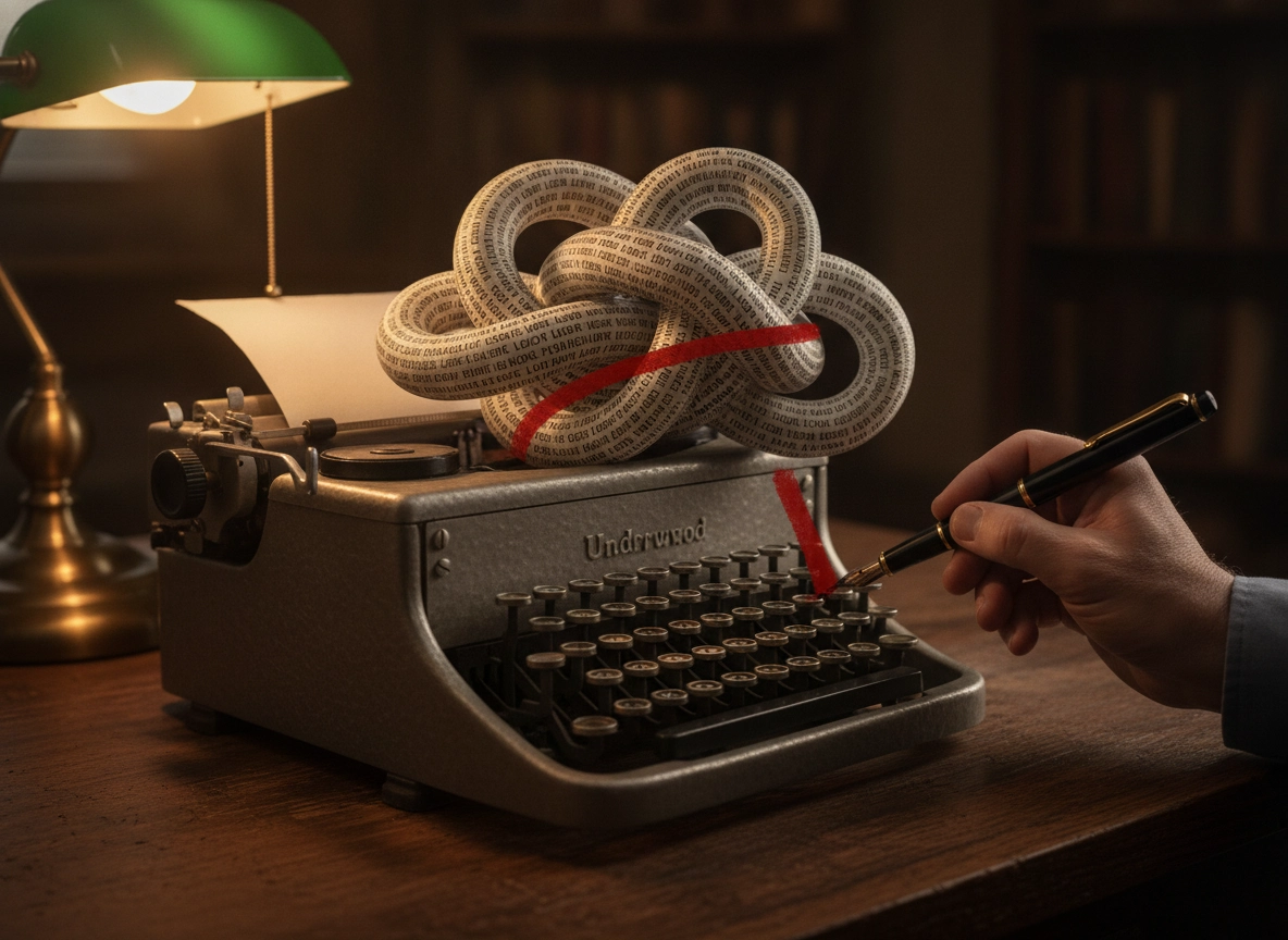 Hand editing a tangled manuscript on a typewriter, part of an editorial review process for SEO.