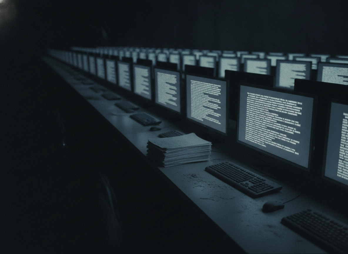 Rows of monitors displaying automated blog drafting for SEO content scaling.